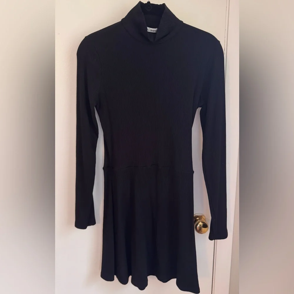 Reformation Maya Ribbed Mock Neck Mini Dress Black Long Sleeve Skater Dress L - Picture 3 of 8